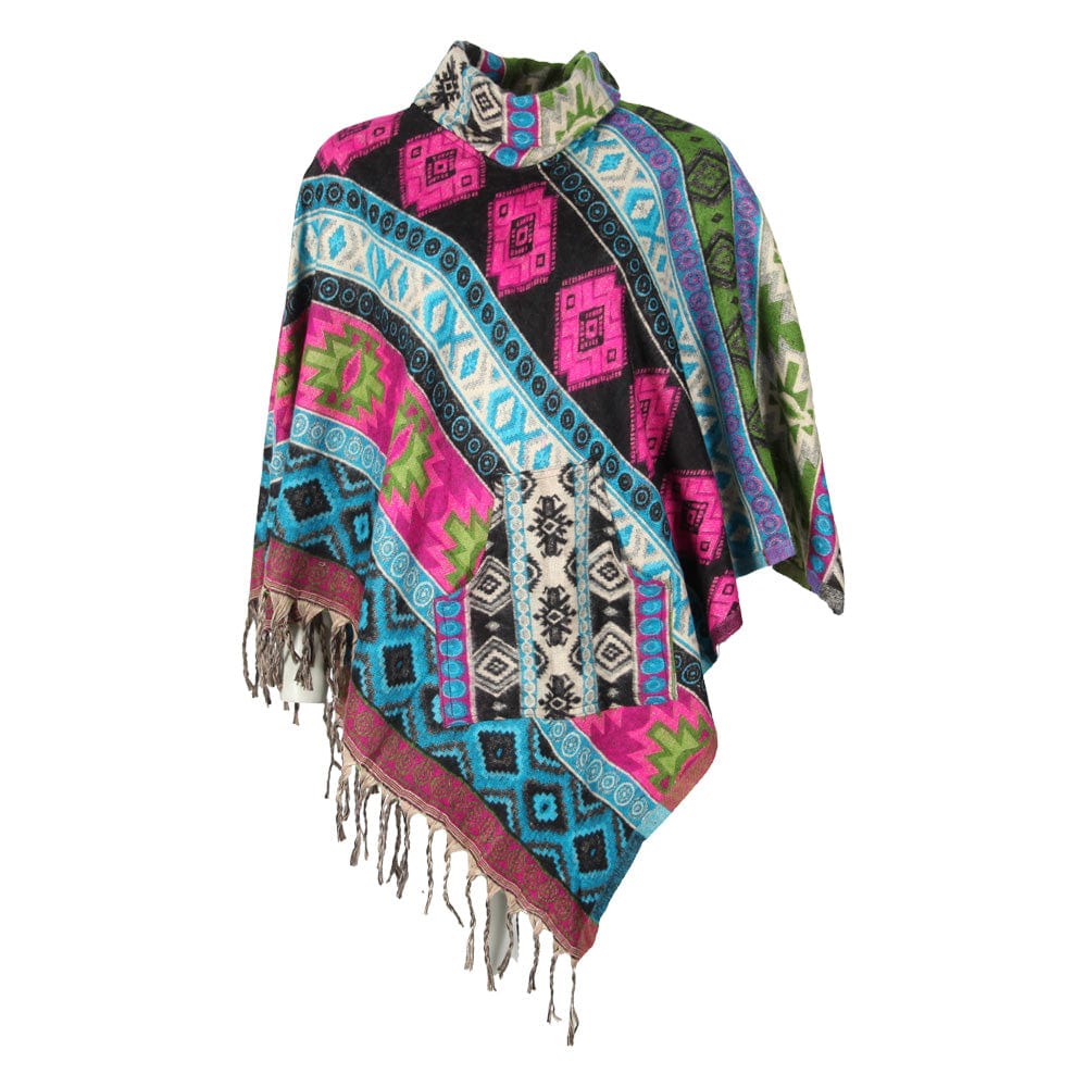 Geometric Pattern Cowl Neck Blanket Poncho