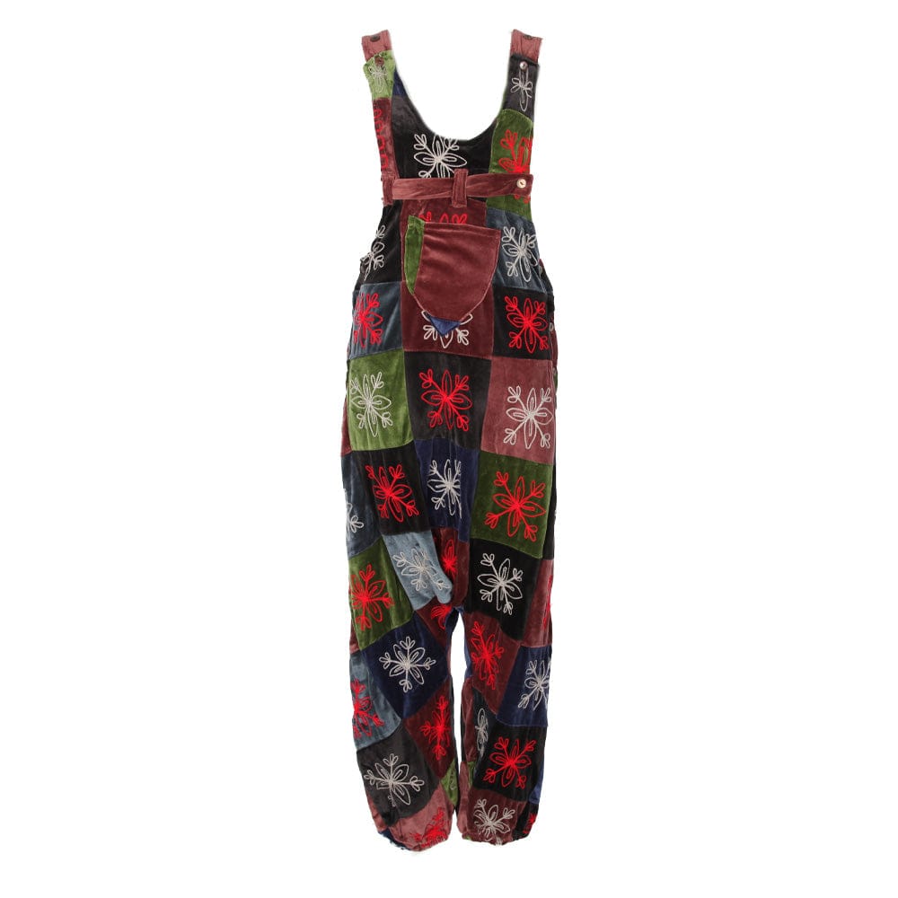 Embroidered Patchwork Velvet Dungarees