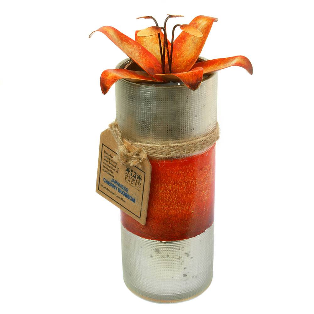 Candle in distressed recycled glass jar, Japanese Cherry Blossom, orange