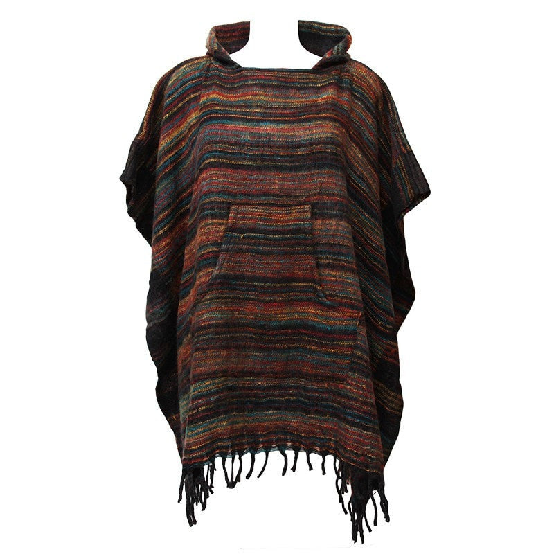 Warm Indian Hooded Poncho Black