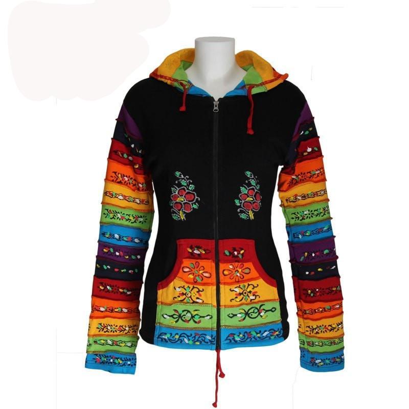 Black Hooded Top - Rainbow Stripes On Pocket And Sleeve