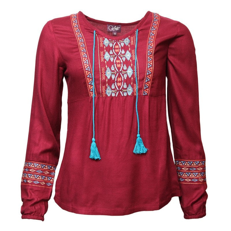 Embroidered Long Sleeve Smock Top