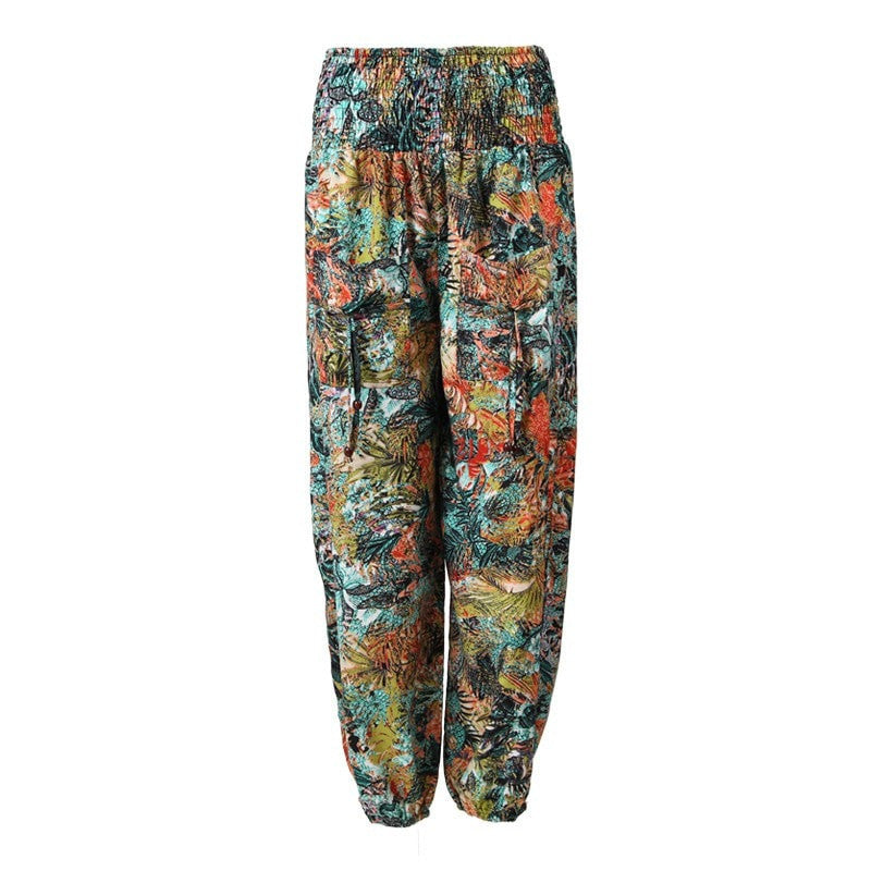 Jungle Leaf Print Shirred Harem Pants