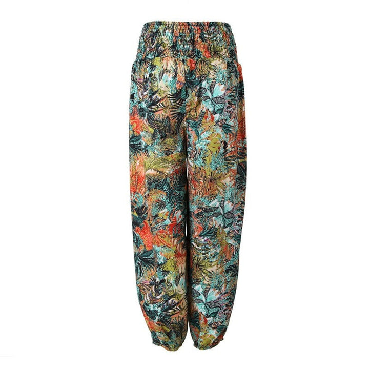 Jungle Leaf Print Shirred Harem Pants