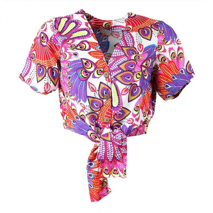 Tropical Peacock Print Tie Crop Shirt