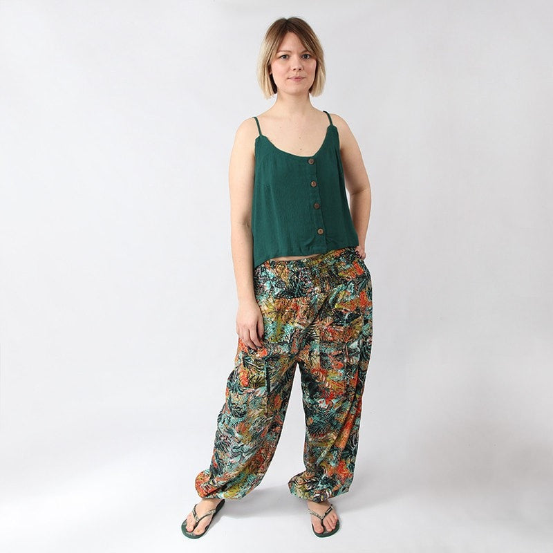 Jungle Leaf Print Shirred Harem Pants