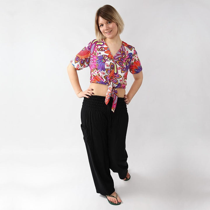 Tropical Peacock Print Tie Crop Shirt