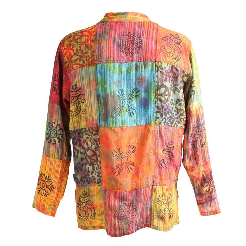 Tie Dyed & Print  Patchwork Collarless Shirt