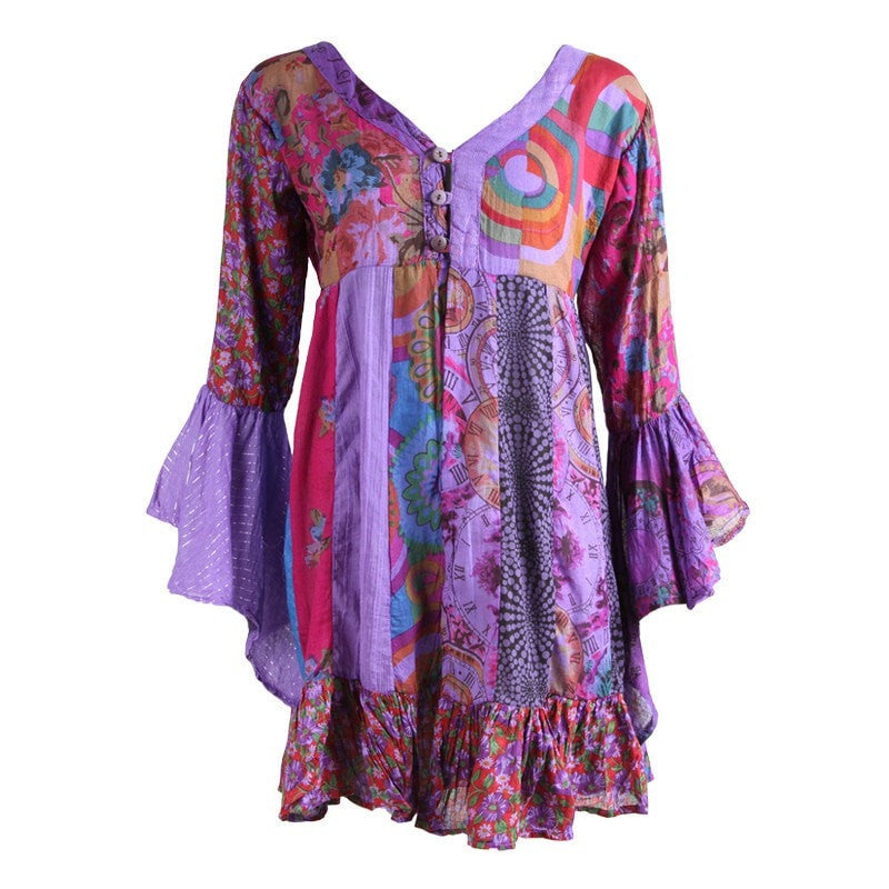 Patchwork Bell Sleeve Mini Smock Open Dress – The Hippy Clothing Co.