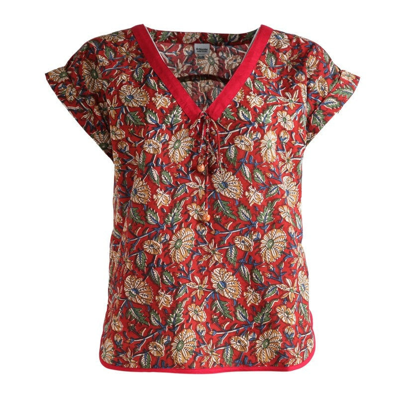 Red Flower Print V-Neck Cotton T-Shirt