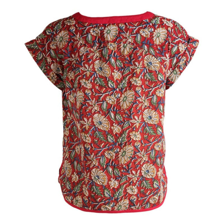 Red Flower Print V-Neck Cotton T-Shirt