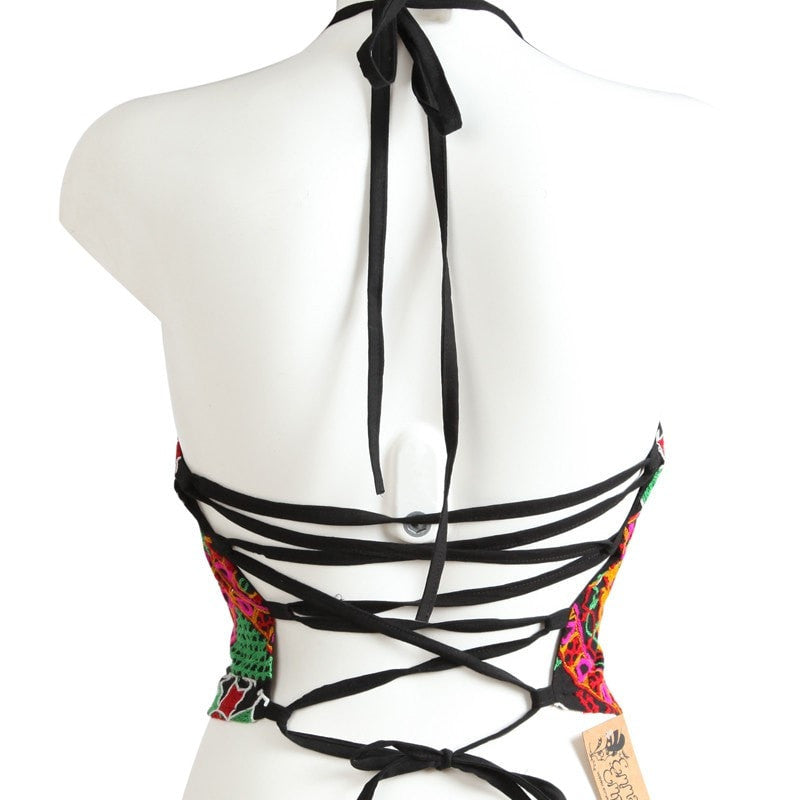 Halter Mirrorwork Crop Top With Tie Back