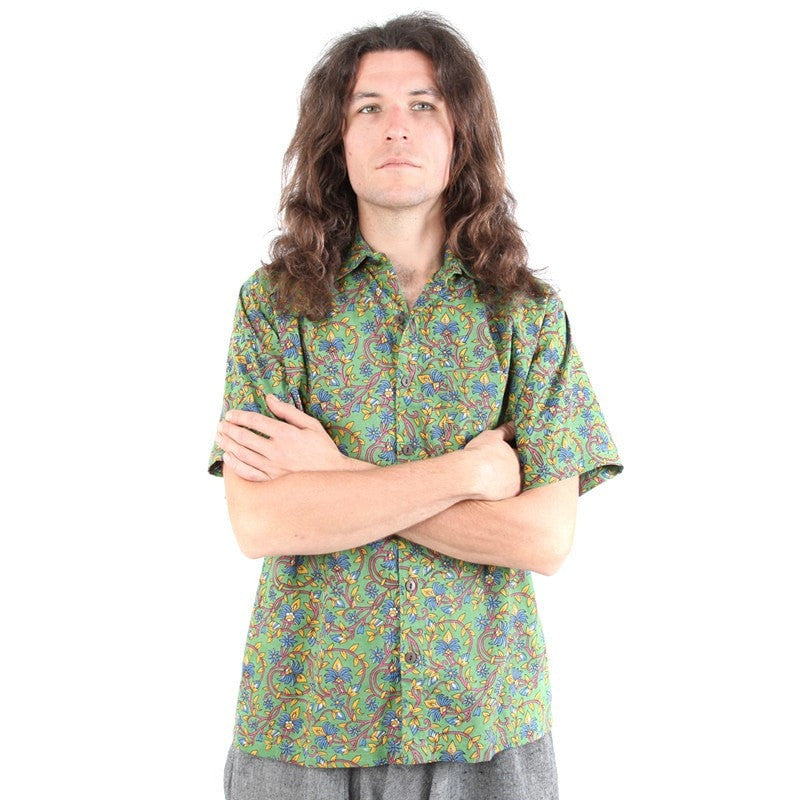 Green Floral Vines Short Sleeved Shirt