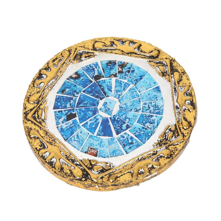 Set of 4 gold coloured round coasters, blue mosaic..