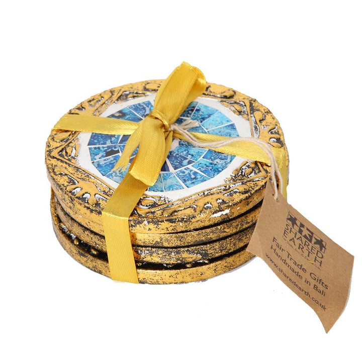 Set of 4 gold coloured round coasters, blue mosaic..