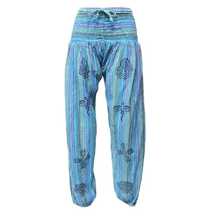 High crotch harems with elasticated waist and ankles in a stonewashed finish with block printed symbols and a drawstring adjustable waist - Turquoise