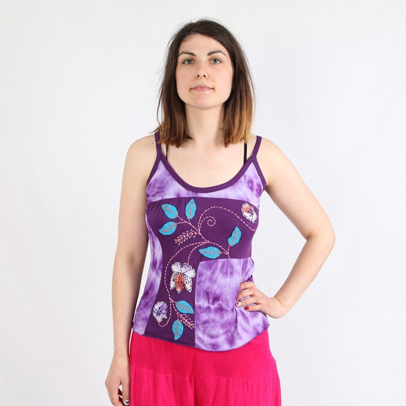 Tie Dye & Applique Flower Purple Vest Top