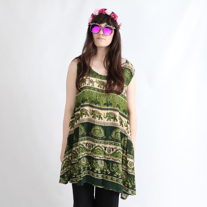 Green Flower & Elephant Print Mini Swing Dress