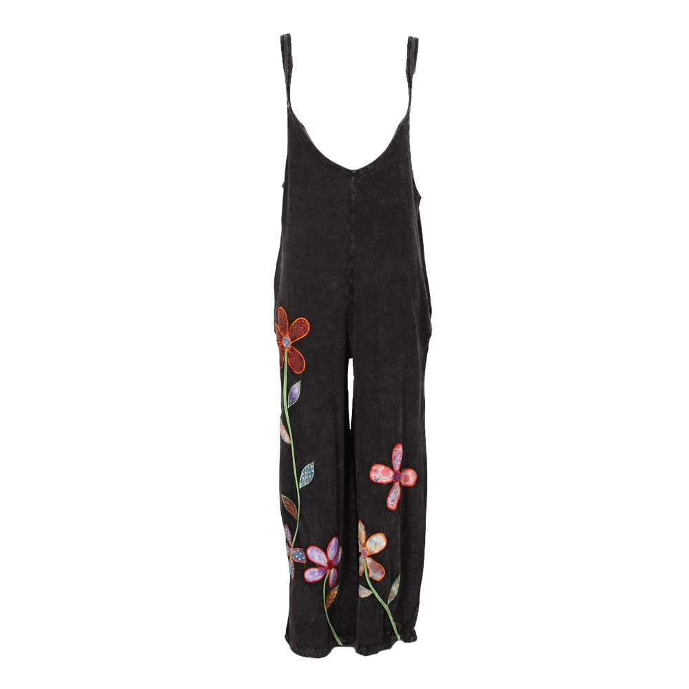 Plunge Neck Embroidered Overalls