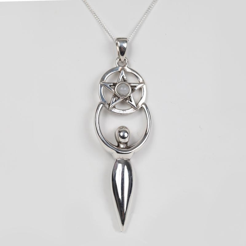 Sterling Silver Goddess And Pentagram Pendant Necklace