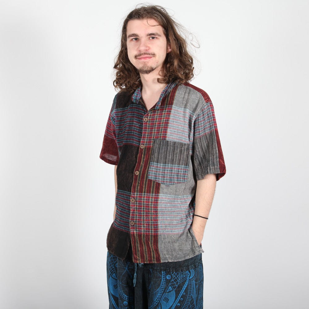 Short Sleeve Plaid Patchwork Shirt