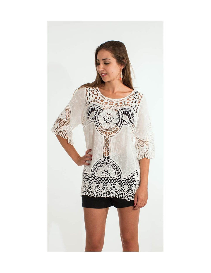 Crochet Embroidered Short Sleeve Blouse